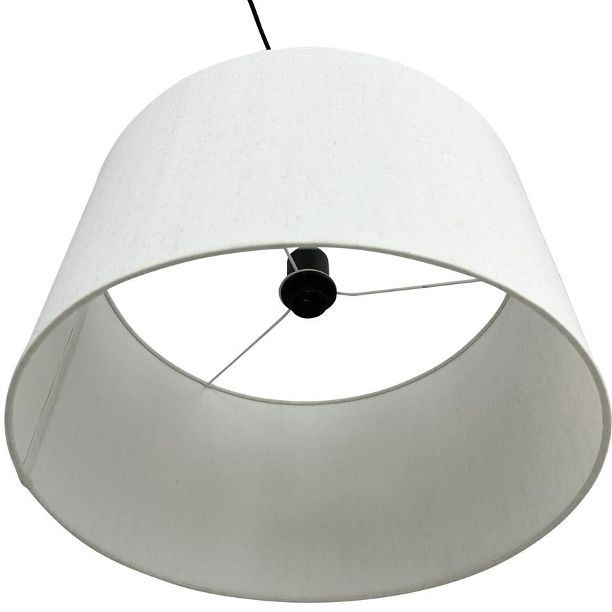 A white cylindrical lampshade hangs from a black cord; inside, a black socket and three support wires can be seen, seen from below against a light, neutral background.