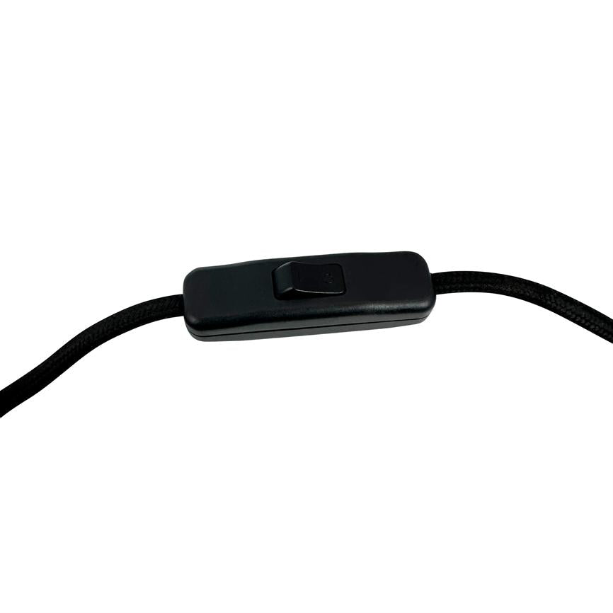 Black inline pressure switch mounted on a braided black cable, resting flat and slightly highlighted against a uniform white background.