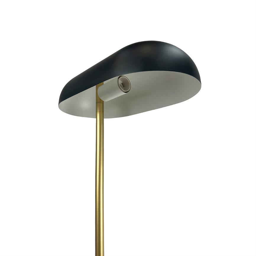 Floor lamp with slim brass rod and black oval shade, white underside and small adjustable spotlight, directs the light downwards on a white background.
