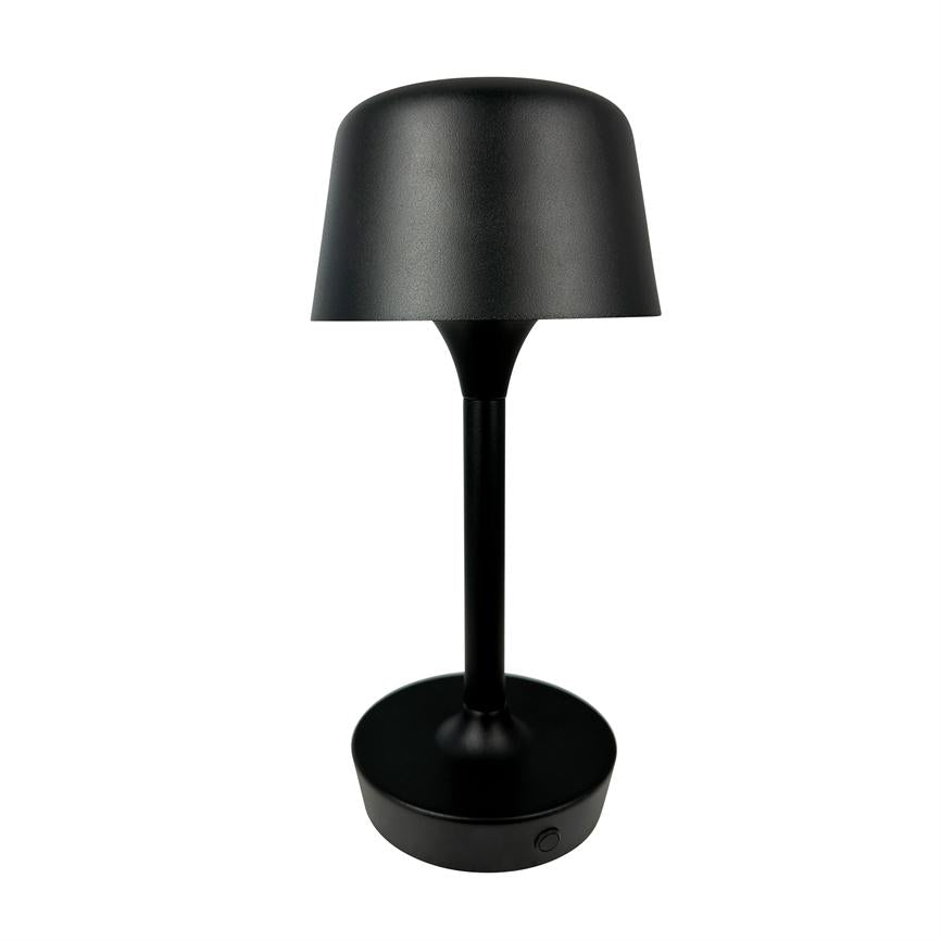 Black table lamp is switched off on white background; slender cylindrical shaft, round flat base with small push button and bell-shaped screen.