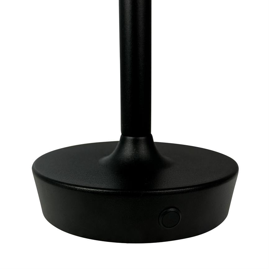 Black, round lamp base, supporting a slender vertical rod; a small round button on the front of the foot; depicted isolated against a uniform white background.