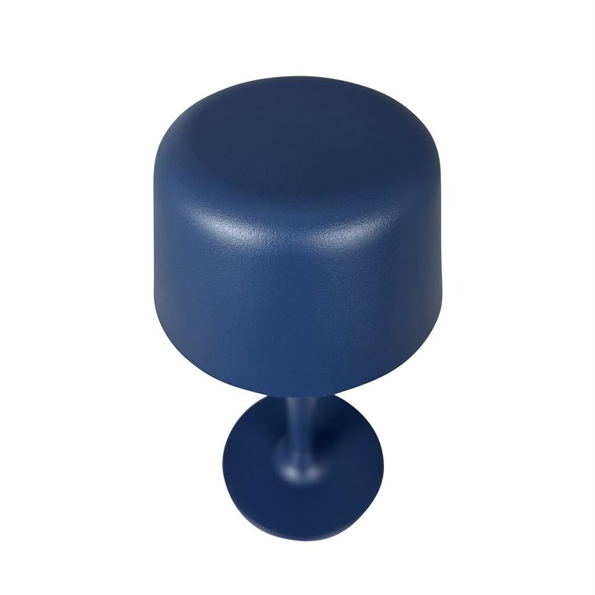 Blue round stool with softly rounded seat rests stably on a narrow central column and round foot; minimalistic design, photographed against a plain white background.