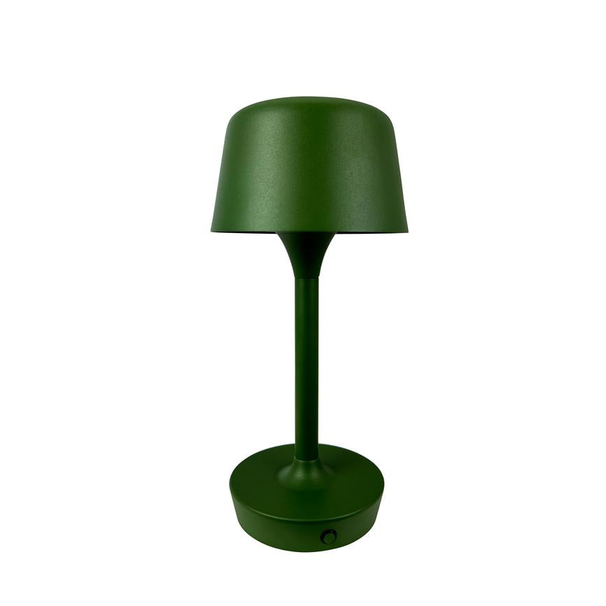 A matte green table lamp stands upright; slender central bar connects round base and domed shade, set alone against a white background.