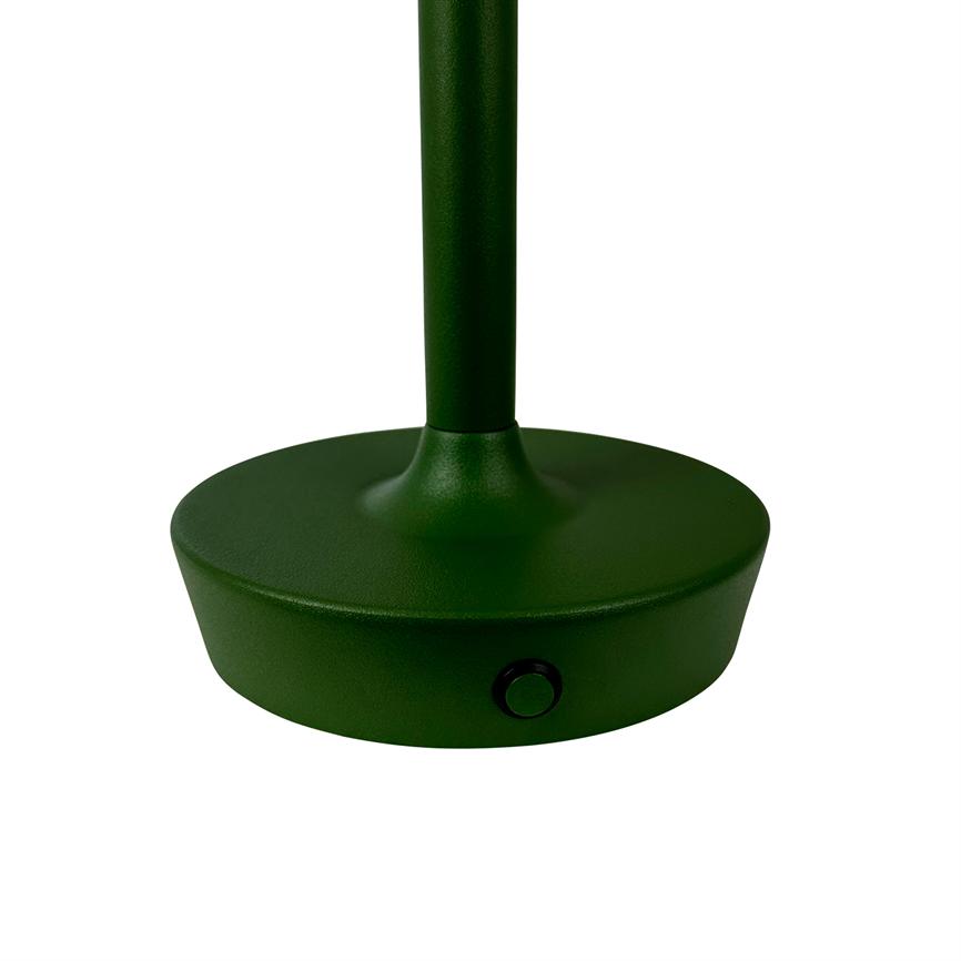 Green lamp base with round foot, stands stable and contains a small black push button; slim lamp base continues upwards against a white, uniform background.