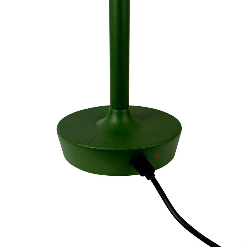 A green lamp base is connected with a black cable, a small red diode light is lit; a lamppost rises from the center of the foot against a uniform white background.