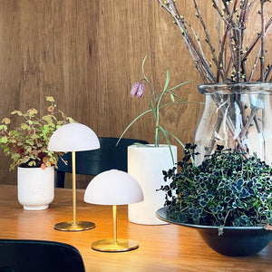 Two small table lamps with white domes and gold-colored stands shine softly on a wooden table, surrounded by potted plants, a large glass vase with spring branches and a dark chair in front of a wood-clad wall.