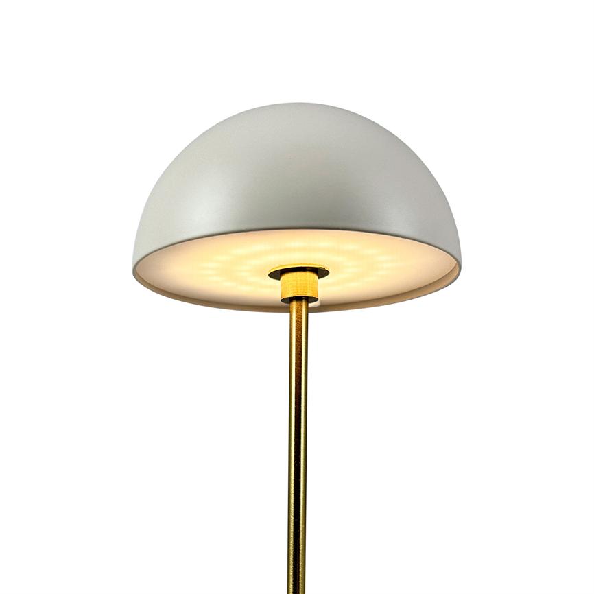 Lamp with white hemispherical lampshade, radiating warm, diffused light downwards on a slender gold colored rod in front of a uniform white background.