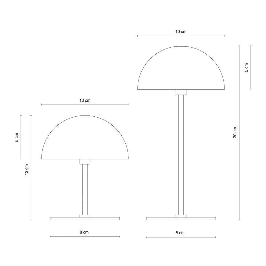 Two table lamps, one low and one tall, drawn as technical sketches with hemispherical shades, vertical frames and flat bases in a targeted layout. 
 Text in the image (measurements): left: "10 cm", "5 cm", "12 cm", "8 cm"; right: "10 cm", "5 cm", "20 cm", "8 cm".