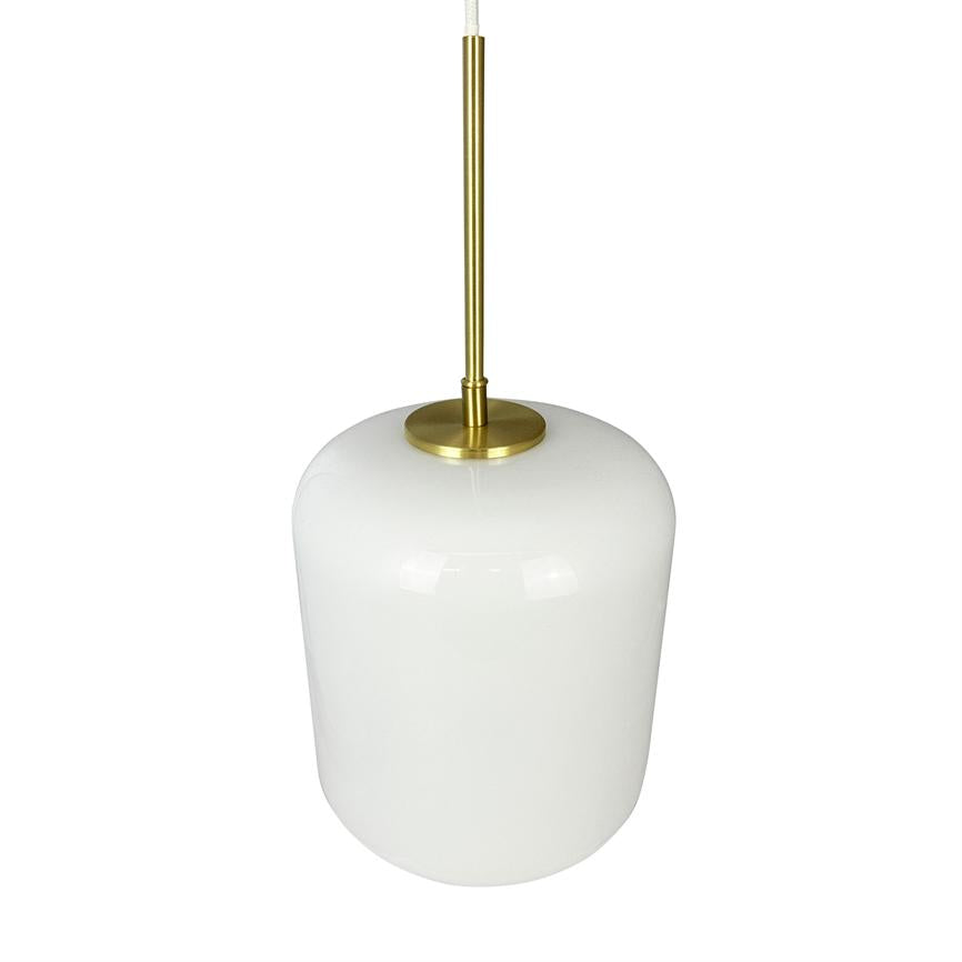A white, cylindrical glass shade hangs from a slender brass rod; glossy surface, simple design against a uniform white background.