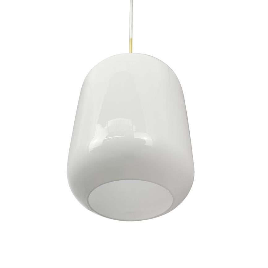 White glass pendant hangs from a thin wire, with a round, smooth surface and closed base, like a single ceiling lamp against a uniform white background.