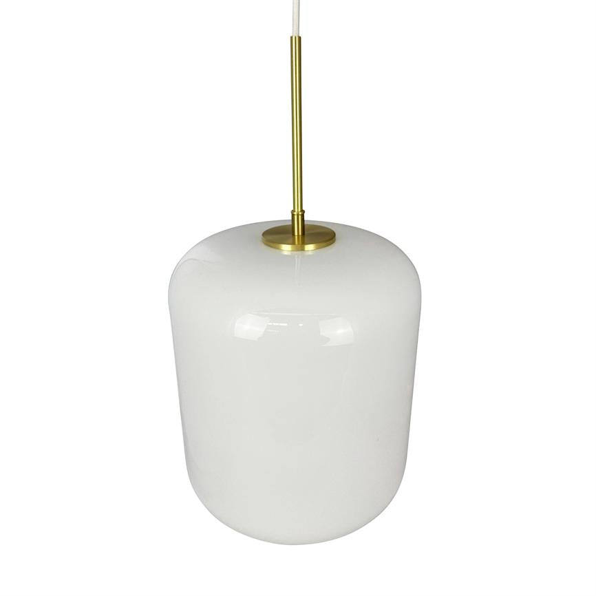 White cylindrical pendant lamp hangs from a slender brass rod; matte, smooth glass dome with round top and bottom, shown against a neutral white background with no visible wiring or surrounds.