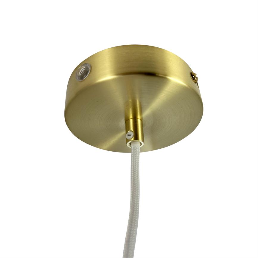 The round brass ceiling rose holds a white braided cord which hangs downwards against a neutral white background.
