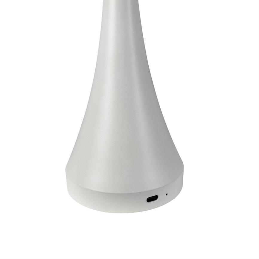 A cone-shaped white lamp base shows a USB-C port and a small hole; it stands on a clean, white background like a minimalist electronic device.