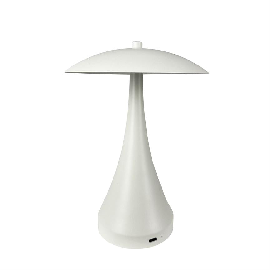 Table lamp in white plastic, mushroom-shaped, switched off; slim handle and wide screen, with visible USB port at the bottom, isolated against white background.