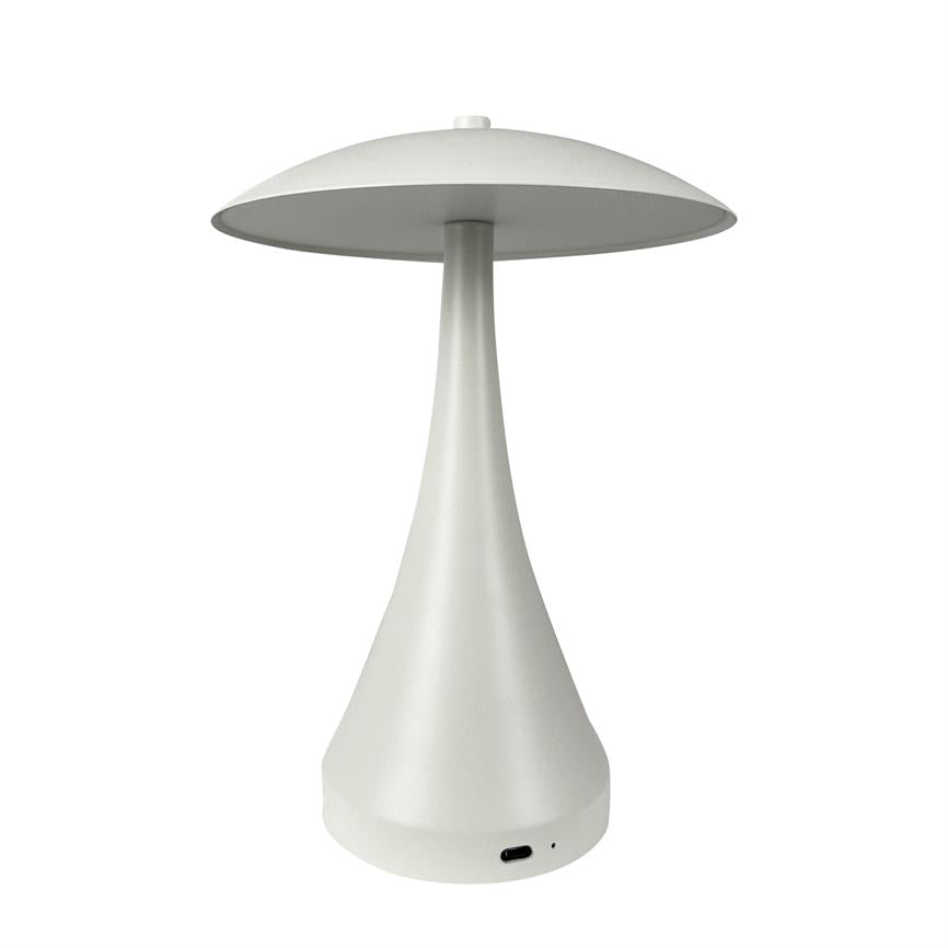 White table lamp with mushroom-like shade stands upright; slim, cone-shaped shaft connects screen and stand, with USB‑C port at bottom. Simple, modern design on a neutral white background.