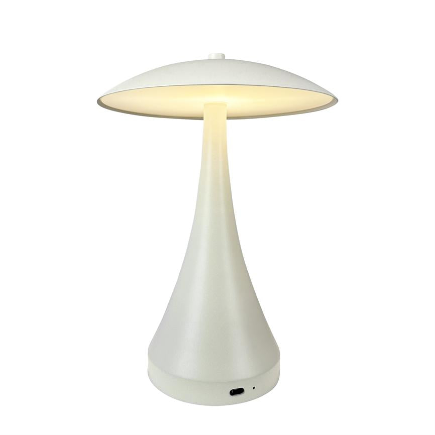 White mushroom-shaped table lamp sends soft, warm light downwards; slender cone-shaped base supports round shade. Placed on a neutral white background as a minimalistic product photo.
