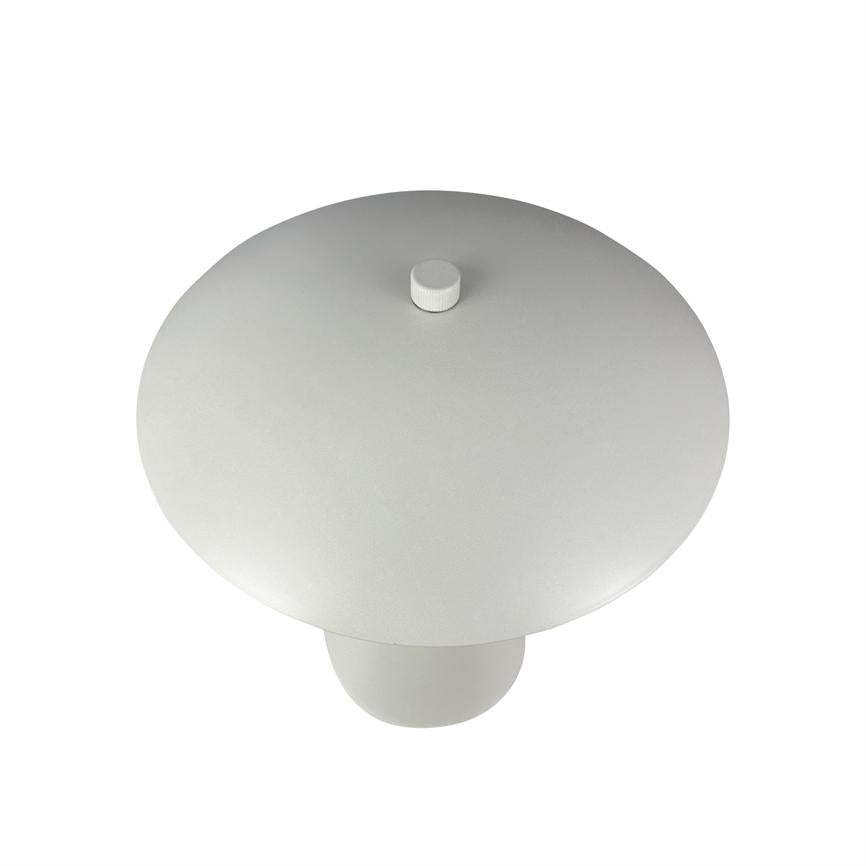 Matt white table lamp viewed from above with large round shade; small button at top and cylindrical foot below; minimalist, solid white background.