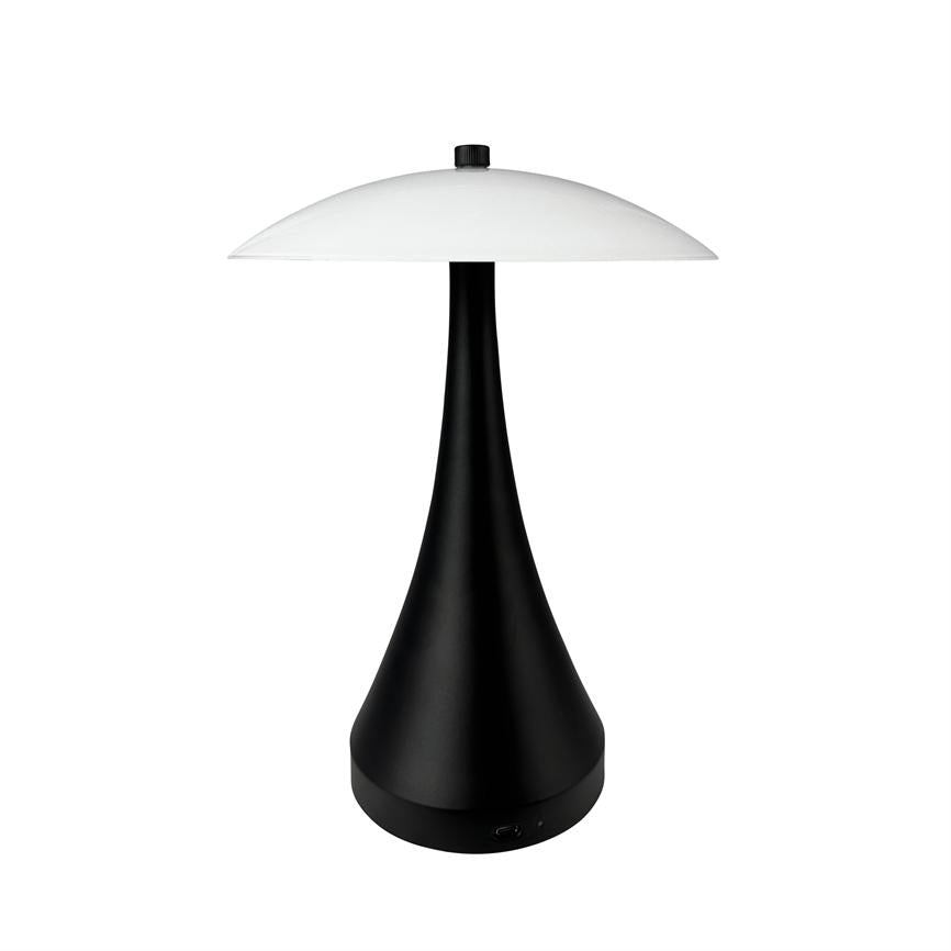 Black table lamp with slim, cone-shaped base and wide, flat white shade, stands upright with a USB charging port at the bottom on a uniform white background.