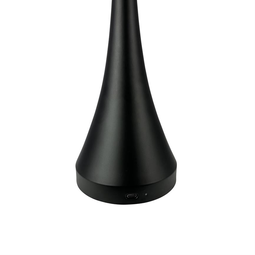 Black cone-shaped device shows the bottom USB-C port and small indicator light, stands upright on a uniform white background.