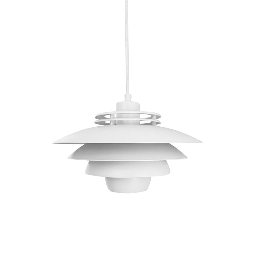 A white, layered pendant hanging by a thin wire; flat, round shades stacked in tiers, designed for soft, downward lighting against a uniform white background.