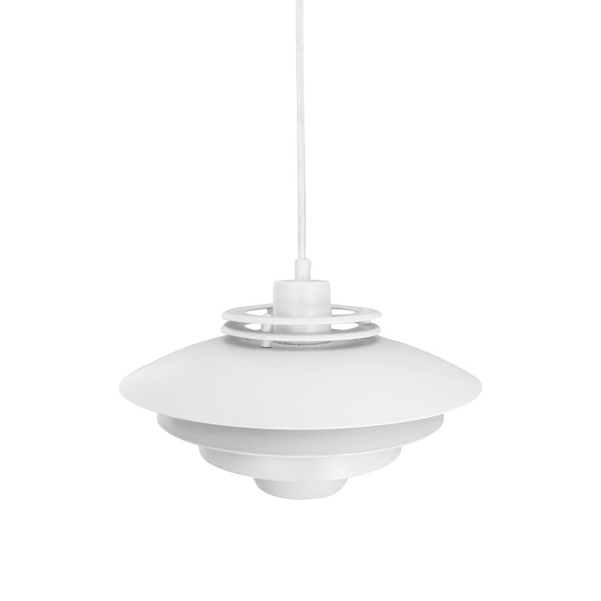 White pendant hanging by a thin wire; the screen is layered with circular panels in a modern, minimalist design against a uniform white background.
