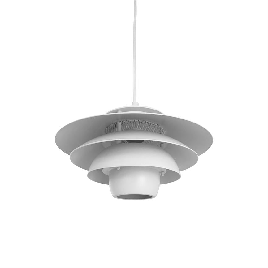 A white disc-shaped pendant lamp hangs from a cord, with three concentric shades and an open base, shown against a plain white studio background.