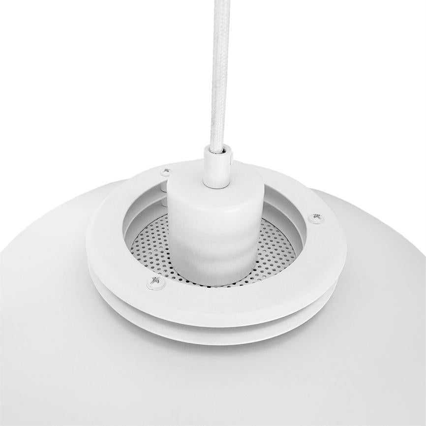White pendant lamp hangs from a fabric-covered cord; visible socket, perforated inner screen and three mounting screws on a white, neutral background.