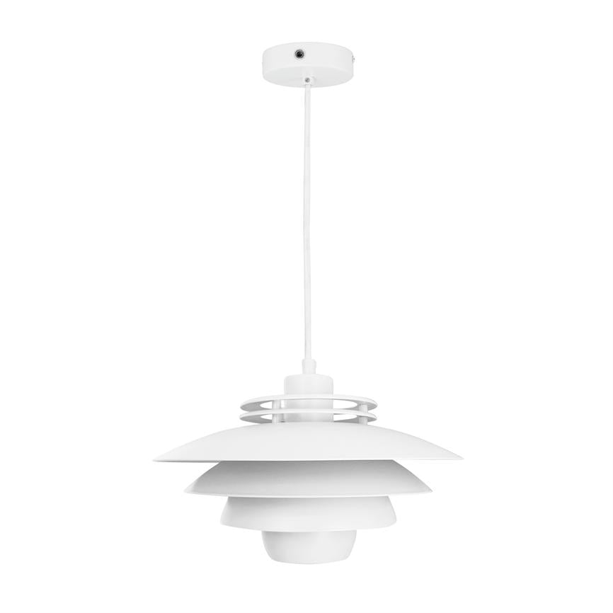 Ceiling lamp hangs from a white cord, with several layers of flat, round shades and rings, in a minimalistic white design against a white background.