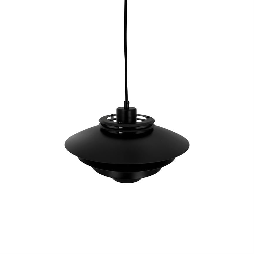 A black metal pendant hangs from a thin wire above a uniform white background; the screen's layered, disc-shaped design and matte finish are clearly visible.
