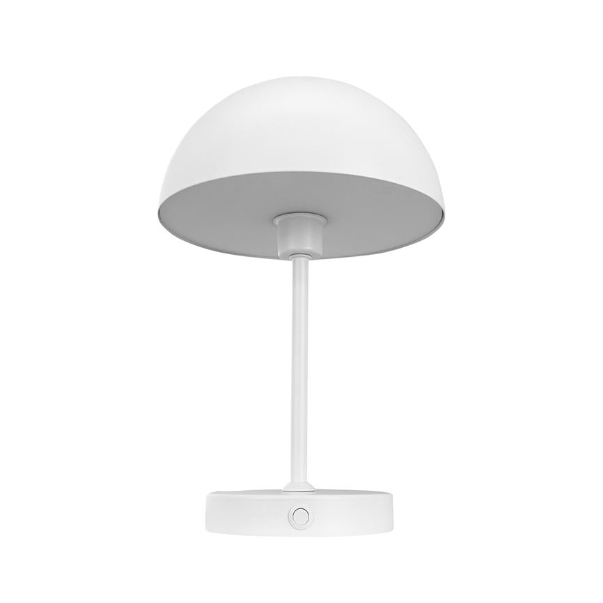 Table lamp with hemispherical lampshade, stands on a slim rod and round base; front power button; white, minimalistic design against solid white background.