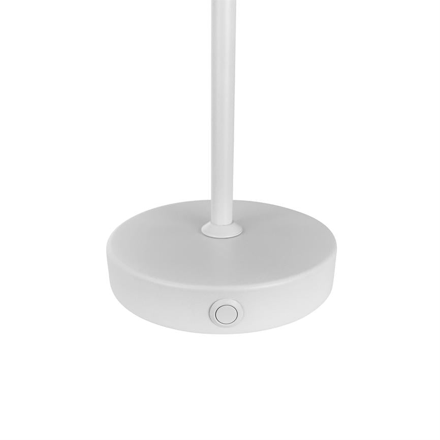 Round white lamp base supporting an upright rod; a small round press stud on the front of the foot; placed against a plain white background.