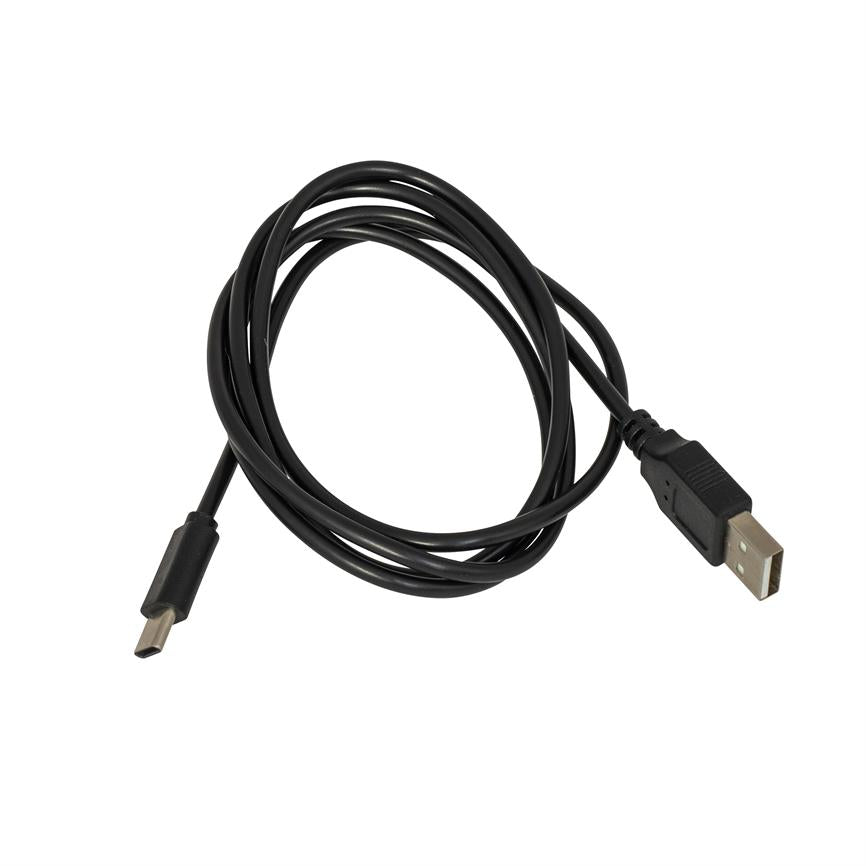 Black USB cable with USB-A at one end and micro-USB at the other, lying rolled up with the ends extended on a neutral, white background.