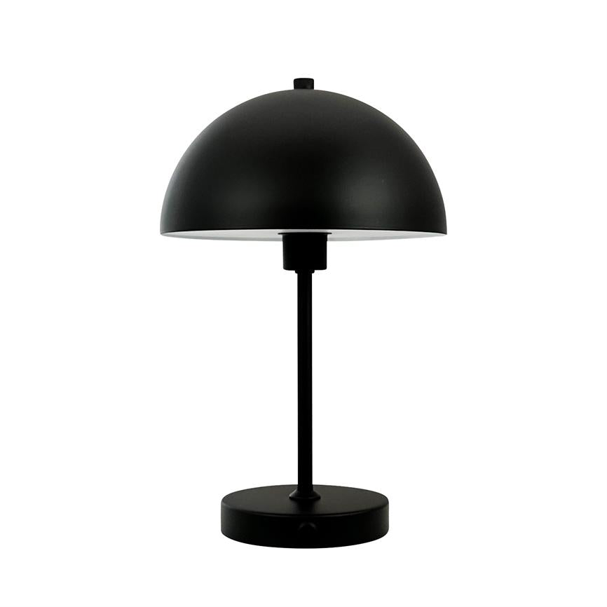Black dome-shaped table lamp casts downward light over a slim, vertical shaft and round base; stands isolated against a clean, white background.