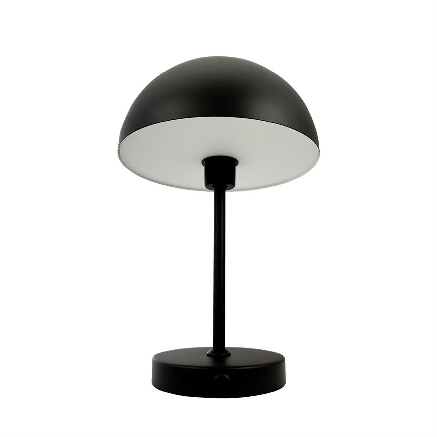 Table lamp with hemispherical black shade; the screen faces downwards, mounted on a slim black rod and round base. The lamp is turned off and is displayed in front of a neutral white background.