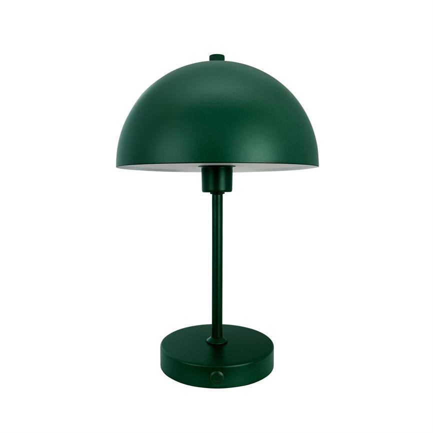 A green, dome-shaped table lamp is switched off; it has a narrow bar and round base, simple matte finish and is placed on a white background.