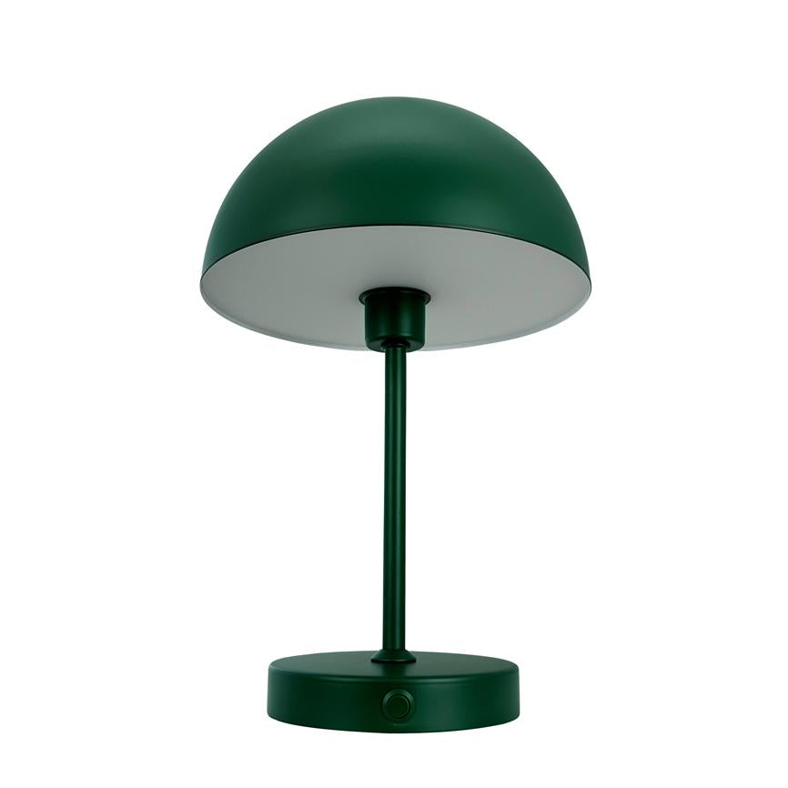 A green table lamp stands upright; hemispherical shade with white underside, thin central bar and round foot with push button, shown against solid white background.