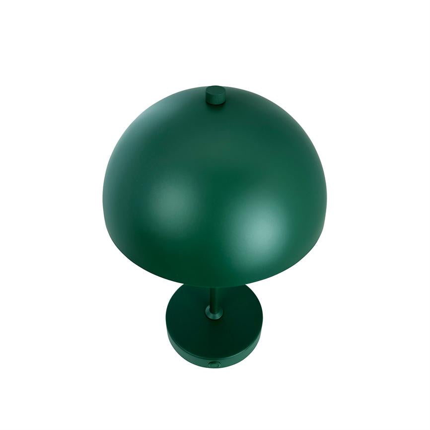 Table lamp stands on white background; dark green, large domed shade with small top button, thin central pole and round base, matte metal finish, mushroom-like design.