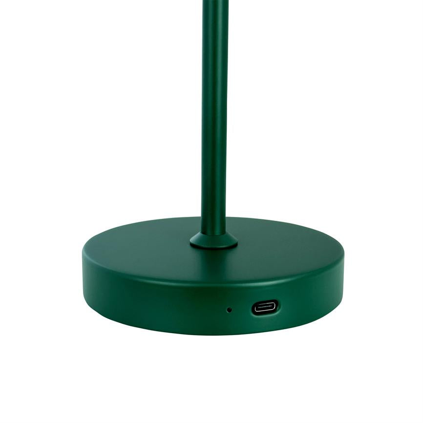 Green lamp base stands upright with a slender rod mounted in the centre; round base shows a USB-C port and a small round hole on a white background.