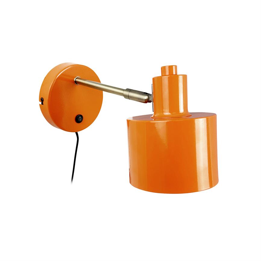 Orange metal wall lamp mounted on round wall bracket; adjustable arm holds cylindrical screen outwards against a white background.