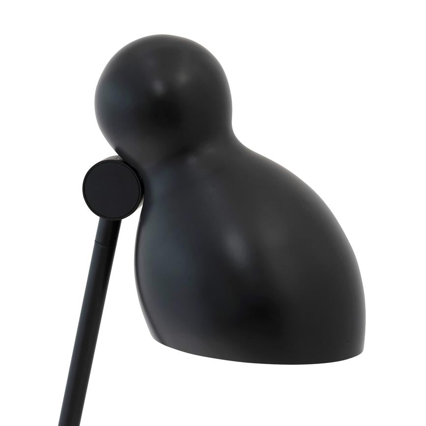 Black lamp head is angled forward on a thin rod; a round, adjustable hinge connects screen and arm; minimalist, matte black surface against a uniform white background.