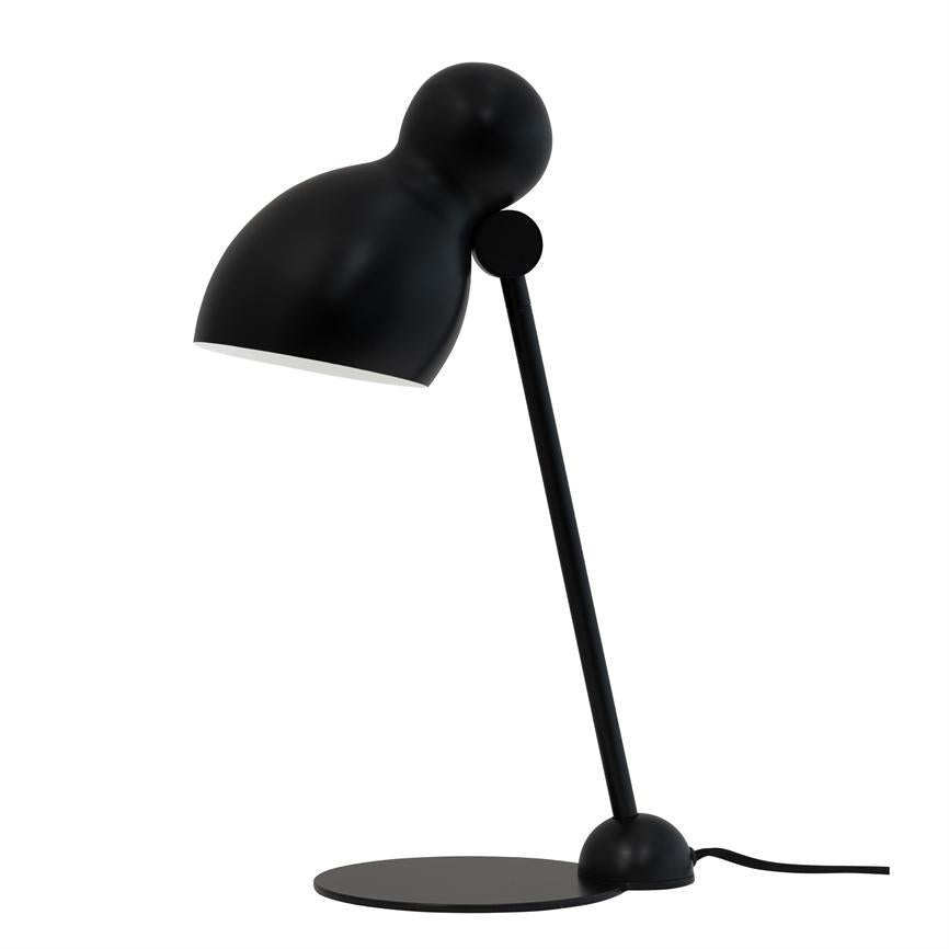 Black desk lamp, tilts the screen downwards; slim rod mounted on round base with exposed wire, matt finish against neutral white background.