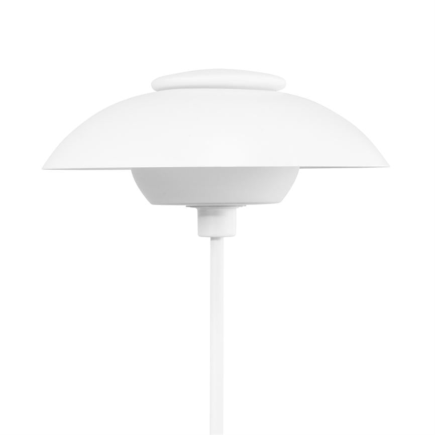 Bordlampe med flad, rund hvid skærm (to niveauer), der retningsbestemt afskærmer og fordeler lys nedad; slankt hvidt skaft og ledning mod neutral hvid baggrund.