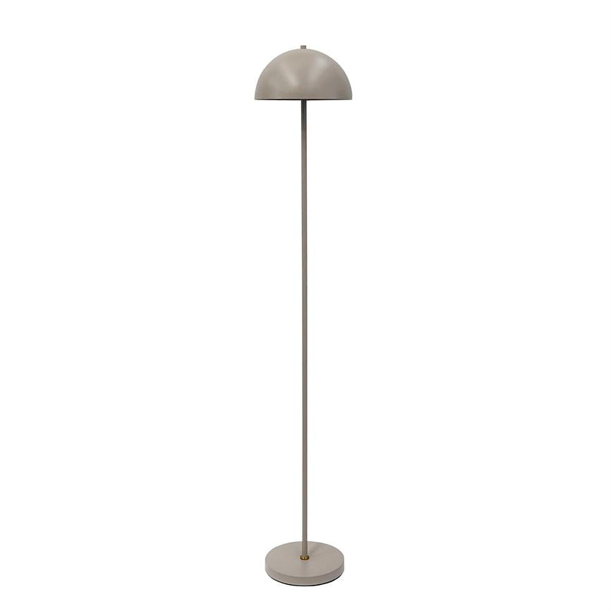 Floor lamp stands on a thin rod with half-bell-shaped shade and round base; matte beige-gray finish against a uniform white background, simple and minimalistic.