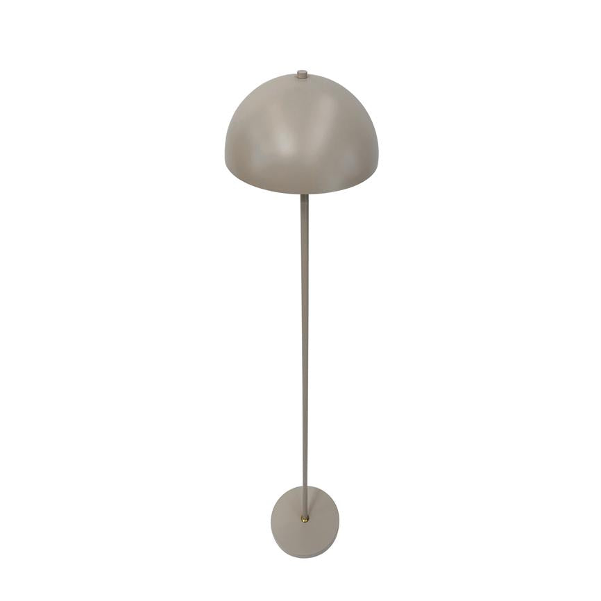 Floor lamp stands with hemispherical shade above a slim rod mounted on a round base, neutral grey-beige matt finish, shown against a clean white background.