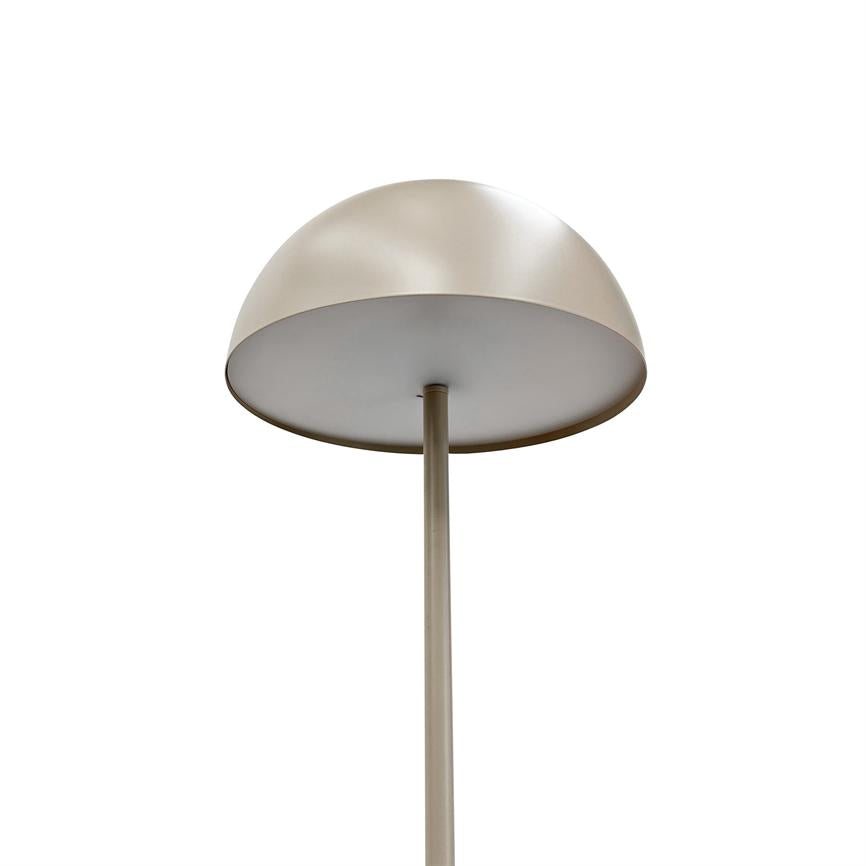 Floor lamp with hemispherical, mother-of-pearl shade on a slender metal rod stands centrally against a pure white background.