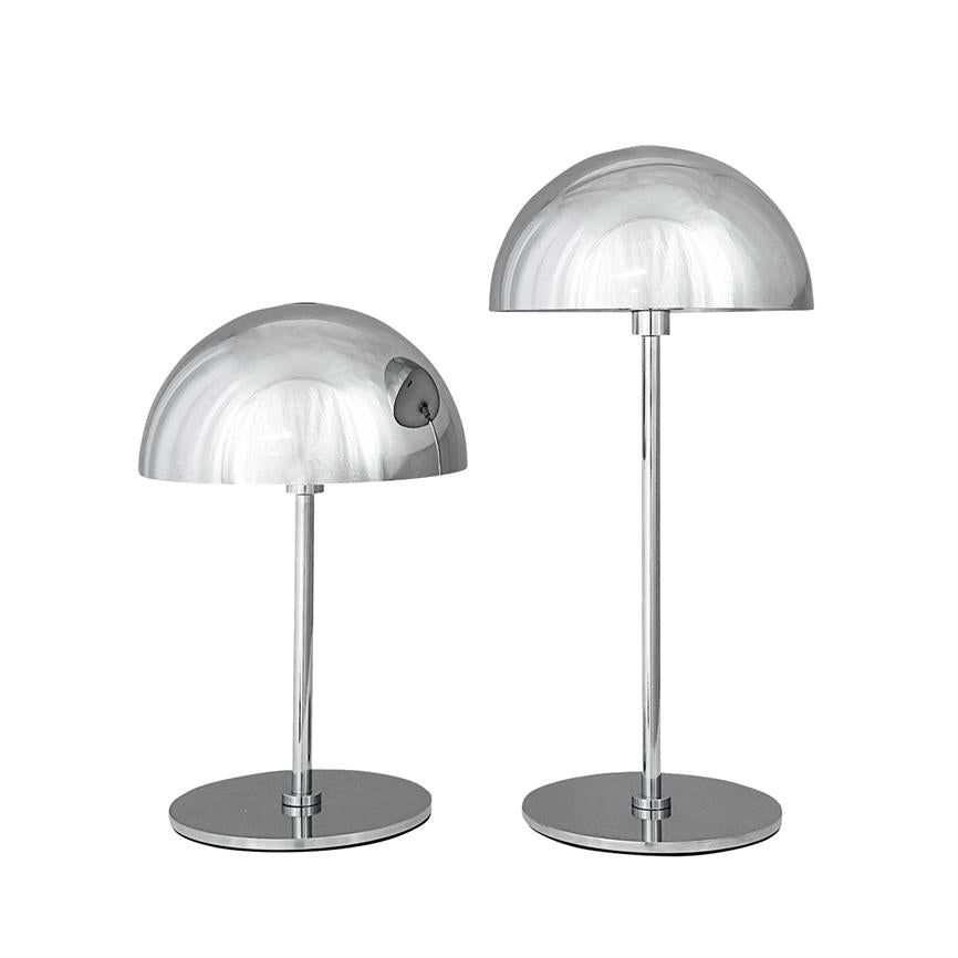 Two chrome-coloured table lamps (mushroom-shaped) stand side by side; one is lower, the other higher, both with reflective hemispherical screens and round bases on a white background.