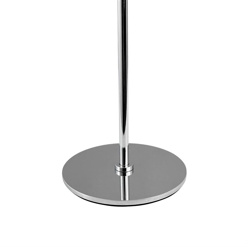 Polished chrome bar stands vertically and is attached to a mirror-gloss, round metal base on a uniform white background.