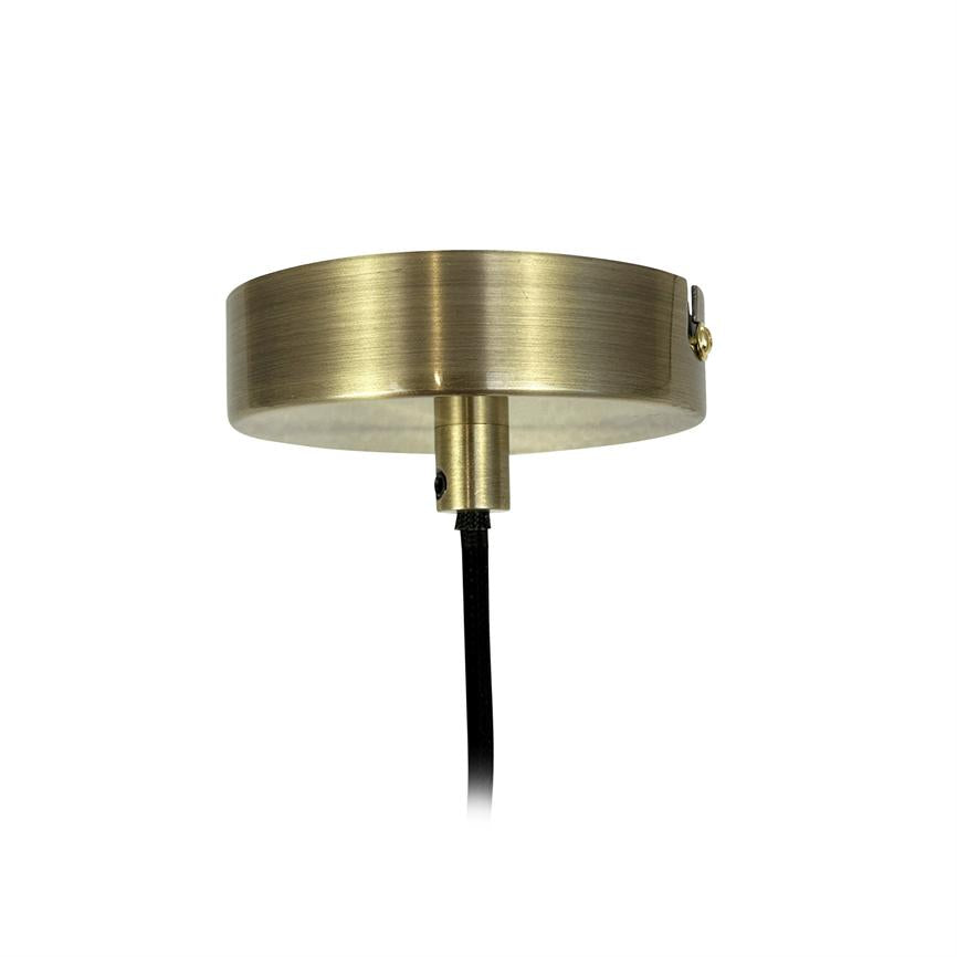 A round, brushed brass ceiling rose holds a black, braided cord, where a small brass cap secures the cable; product photos with a neutral, white background.