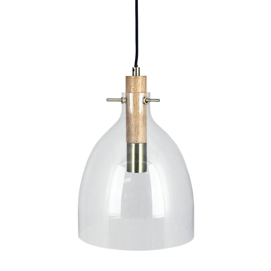 A glass pendant hangs from a black cord; a clear dome surrounds a wood and brass bracket with exposed lamp holder, shown against a neutral white background.