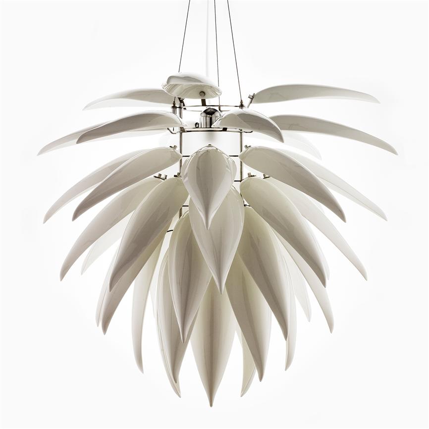 A hanging chandelier formed from layered white leaf-shaped shades; the screens point downwards and outwards, suspended by three thin cables against a clear, white studio background.